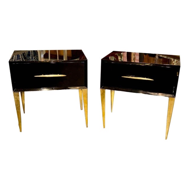 Modern Italian High Gloss Black Lacquered Side Tables With Brass Accents For Sale