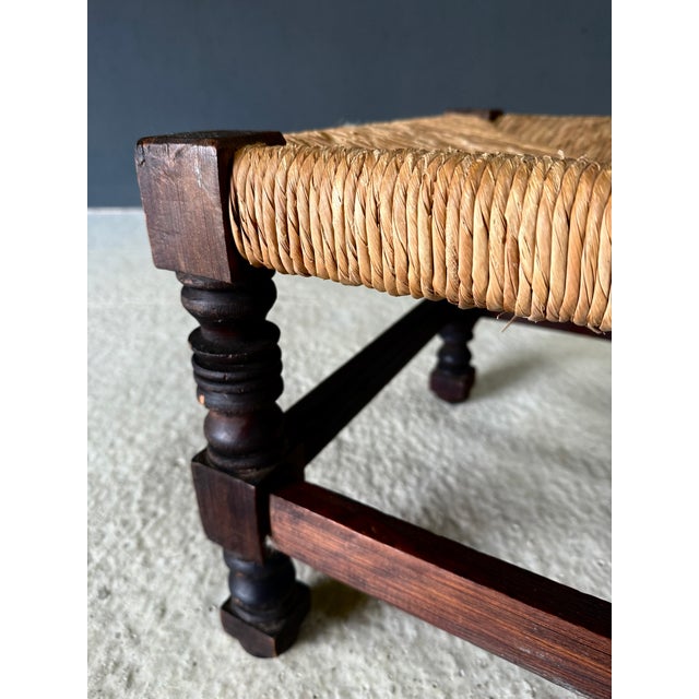 Brown French Country Oak and Rush Ottoman, France, 1940s For Sale - Image 8 of 18