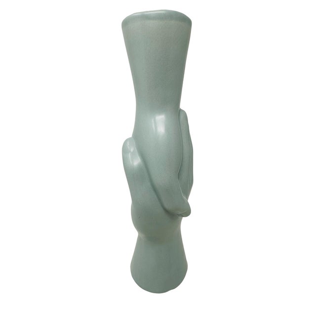 1980s 1980s Postmodern 12.25" Clasped Hands Ceramic Sculptural Column Vase in Sage Celadon For Sale - Image 5 of 9