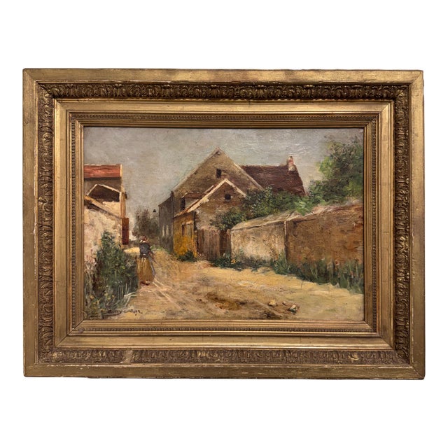 19th Century French Oil on Canvas Barn and Village For Sale