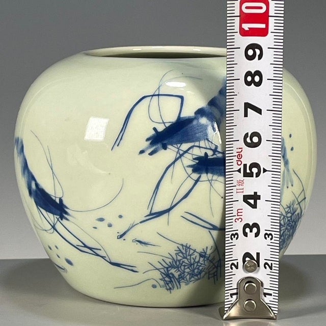 Chinese Vintage Chinese Celadon Glaze Blue & White "Shrimp" Brush Washer / Water Pot For Sale - Image 3 of 9