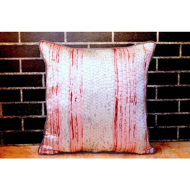 Ikat Stripe Scalamandre Silk Lumbar Pillow With Fish Scale Embroidered and Piping For Sale - Image 11 of 12