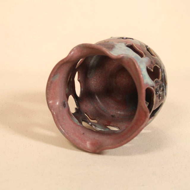 Vintage Sculptural Studio Pottery Pierced Ceramic Vessel Candle Holder With Organic Drip Glaze For Sale - Image 17 of 18