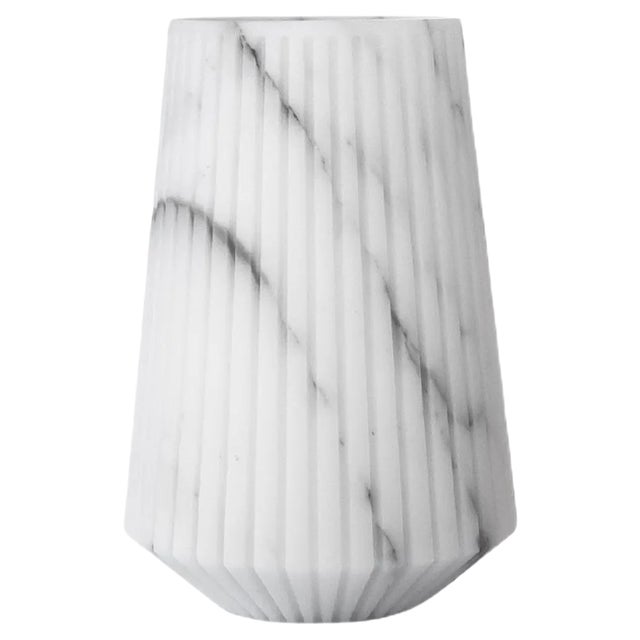 Medium Striped Vase in White Carrara Marble For Sale