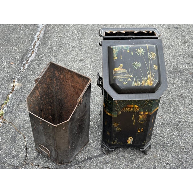 Late 19th C. Chinoiserie Shepard & Co. Antique Hand Painted Brass Trim Coal Scuttle With Integrated Fireplace Tools For Sale - Image 13 of 17