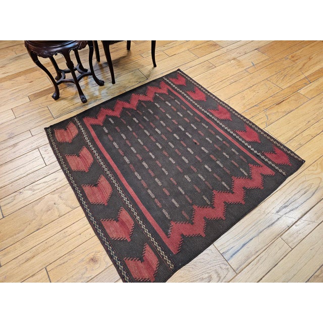 Brown Vintage Baluch Sofreh Tribal Kilim, Handwoven Wool, Geometric Pattern, Brown & Red, 4x4 For Sale - Image 8 of 10