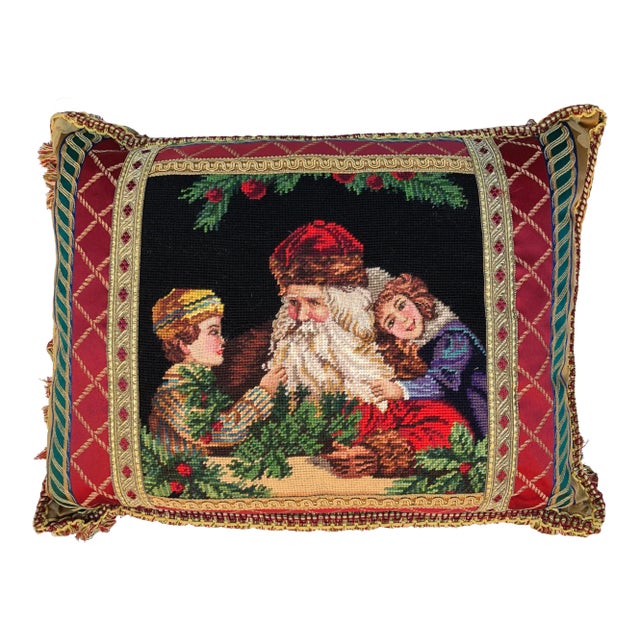 Vintage Santa With Children Needlepoint Pillow For Sale