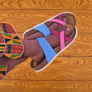 Legend 2 by Joseph Idowu | Acrylics on canvas Footwear on a wooden floor with patterned fabric. For Sale