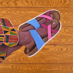 Legend 2 by Joseph Idowu | Acrylics on canvas Footwear on a wooden floor with patterned fabric.