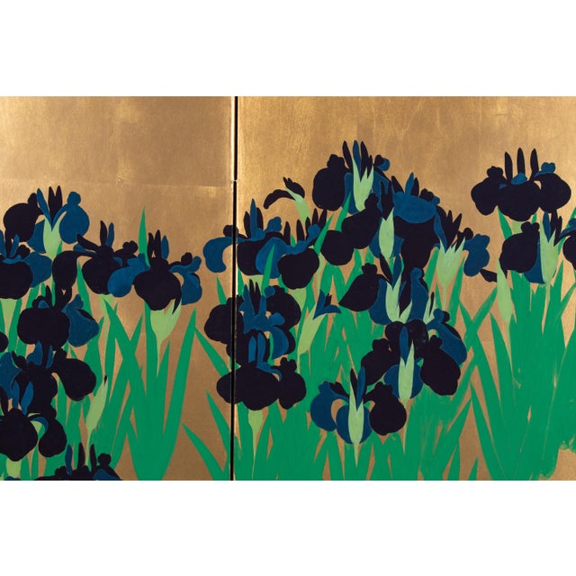 Japanese Gold Leaf Iris Four-Panel Folding Screen After Ogata Kōrin For Sale In Denver - Image 6 of 11