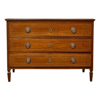 French 19th Century Louis XVI Walnut Commode with Marquetry and Brass Pulls For Sale