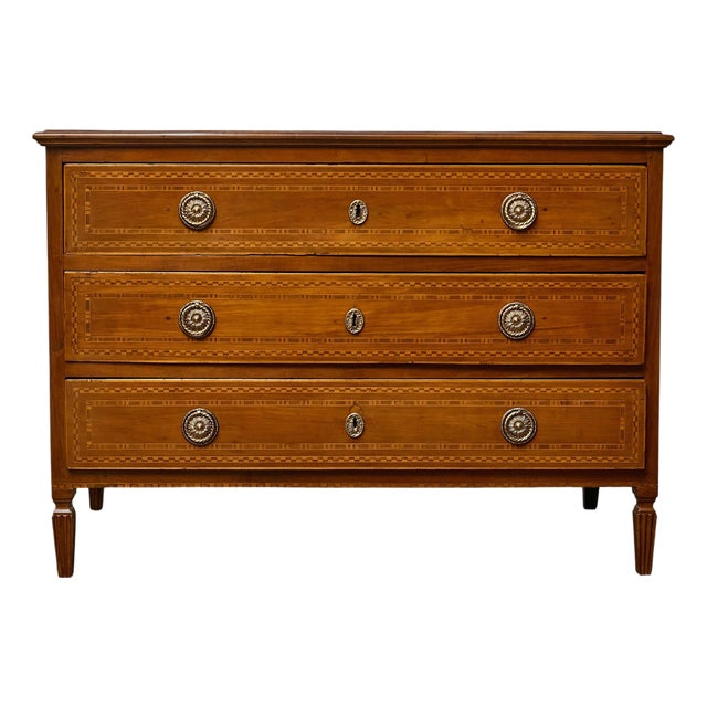 French 19th Century Louis XVI Walnut Commode with Marquetry and Brass Pulls For Sale