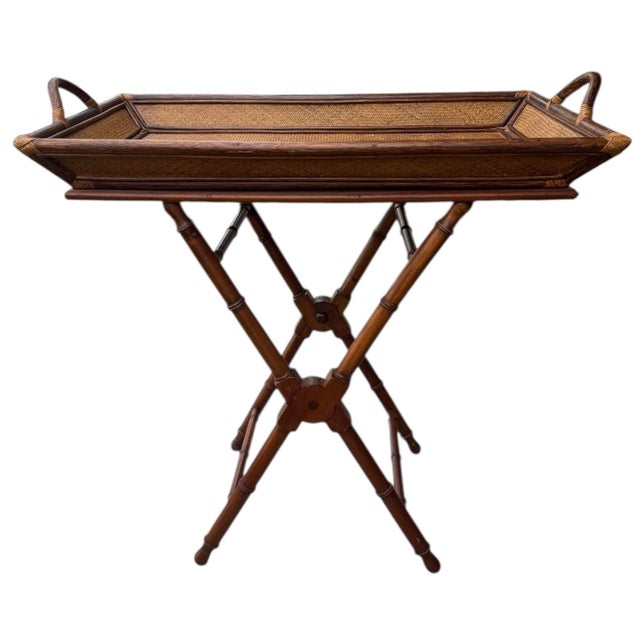 Ralph Lauren Vintage Rattan & Bamboo Butler Tray on Stand For Sale - Image 4 of 11