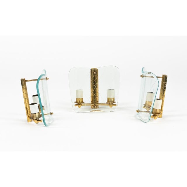 Mid-Century Brass & Curved Glass Sconces in the style of FontanaArte, Italy, 1950s, Set of 3 For Sale - Image 11 of 18