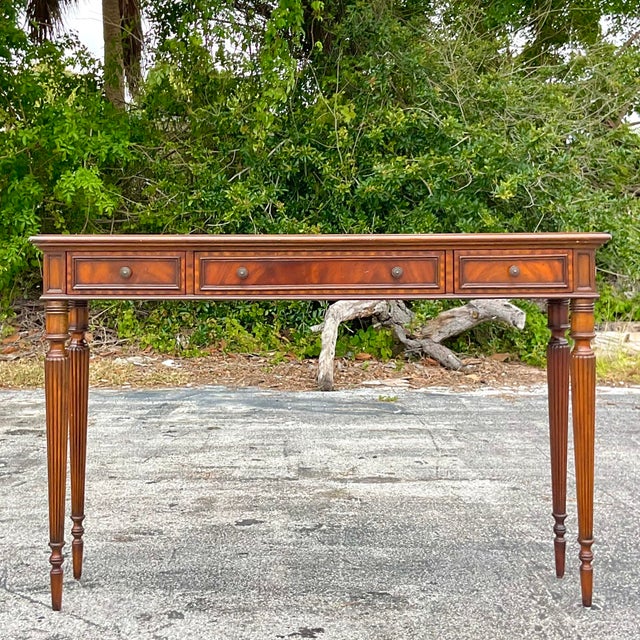 Traditional Vintage Regency Maitland Smith Leather Embossed Console Table For Sale - Image 3 of 7
