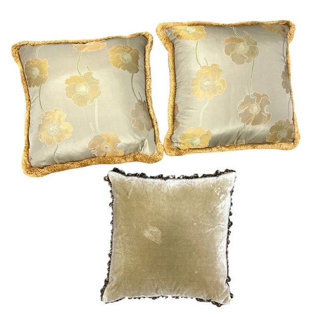 Lot of 3 Vintage Floral Satin & Tapestry Pillows w Tassels & Fringe Approximate Size of each is 20" x 20"