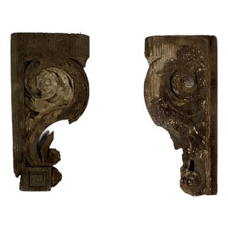 Vintage Pair of Architectural Salvage Wood Elements With Remnant Paint in Scroll & Flower Design For Sale