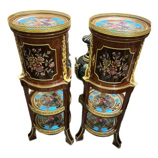 Louis XVI Style Side Table Set – Hand-Painted Floral Panels, Gold Leaf & Decorative Shelving For Sale