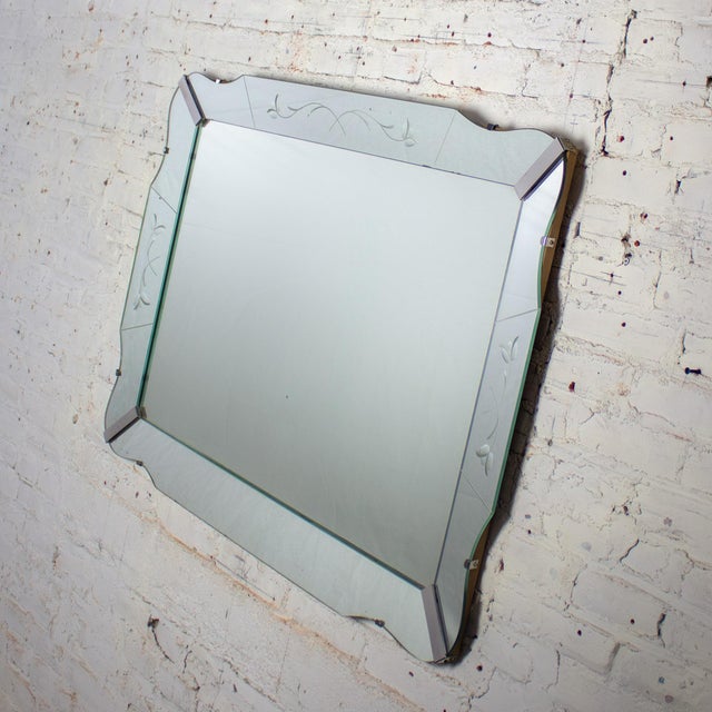 1930-1950’s Art Deco Large Wall Mirror Rectangular W/Curved Sides & Etched Venetian Glass For Sale - Image 4 of 18