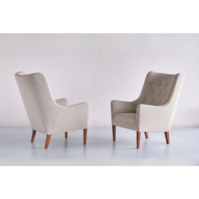 Set of Bouclé & Mahogany High Back Armchairs by Jacob Kjær, Denmark, 1940s For Sale - Image 13 of 14