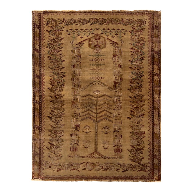 Hand-Knotted Antique Ghiordes Rug Beige Brown Geometric Pattern For Sale