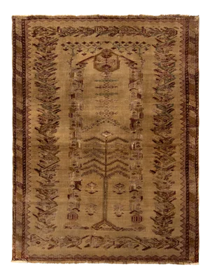 Hand-Knotted Antique Ghiordes Rug Beige Brown Geometric Pattern