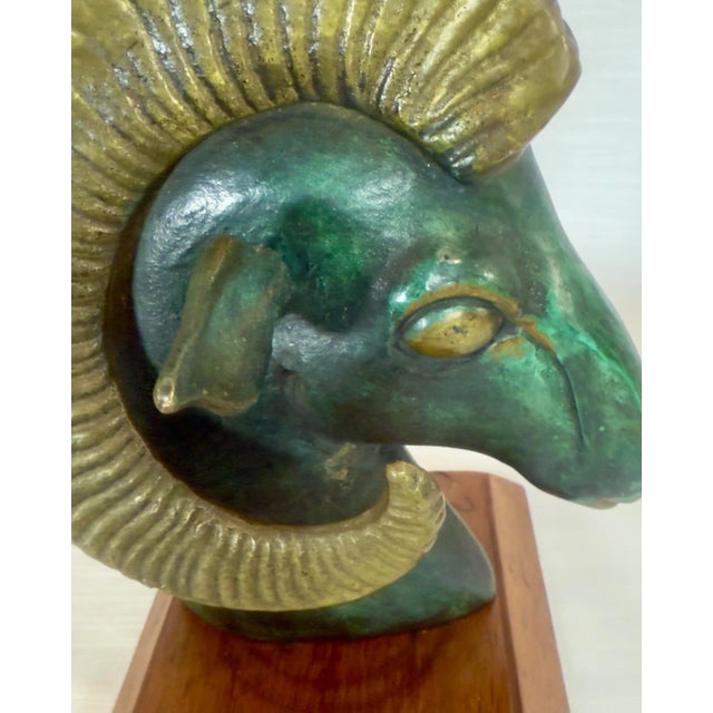 Wood Mid Century Brass & Verdigris Patina Ram Bust - La Barge / Marbro Style For Sale - Image 7 of 11
