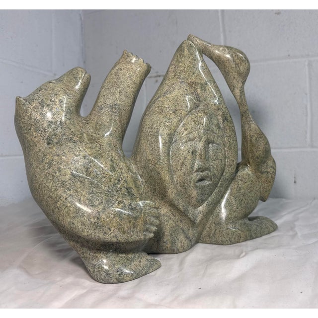 Contemporary Large Vintage Tukiki Manomie Inuit Canadian Carved Soapstone Sculpture Statue For Sale - Image 3 of 18