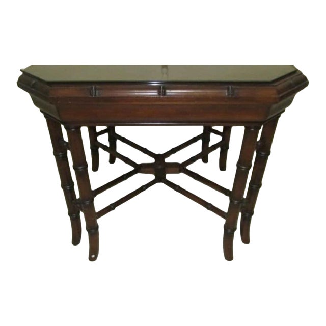 1970s Hollywood Regency Faux Bamboo Chinoiserie Chippendale Style Coffee Table Wood For Sale