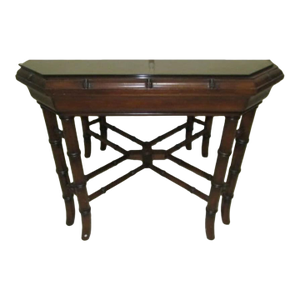 1970s Hollywood Regency Faux Bamboo Chinoiserie Chippendale Style Coffee Table Wood