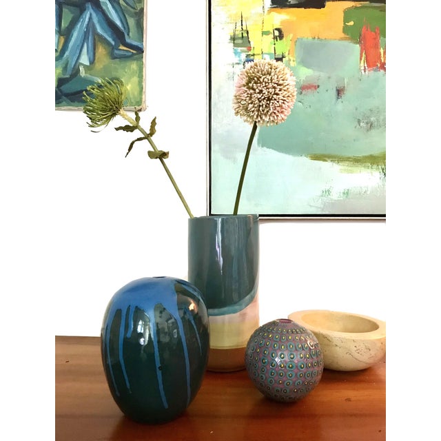 Ceramic Signed Modernist Stoneware Blue Green Drip Vase / Ceramic Art Studio Pottery For Sale - Image 7 of 9