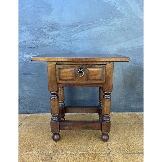 Rustic Early 20th Century Spanish Oak Side Table with Drawer, 1930 For Sale - Image 3 of 11