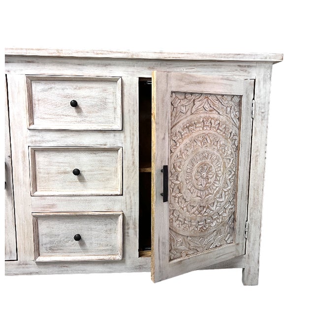 Mid-Century Modern 2 Door 3 Drawer Laser Cut Solid Mango Wood Cabinet For Sale - Image 3 of 7