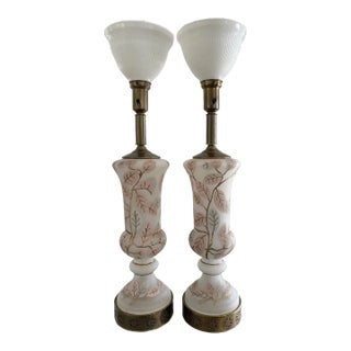 1950’s 60’s Hollywood Recency Painted Frosted Urn Lamps - a Pair For Sale