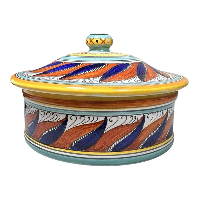 Vintage F.lli Mari Deruta Italy Majolica Hand Painted Geometric Lidded Bowl For Sale