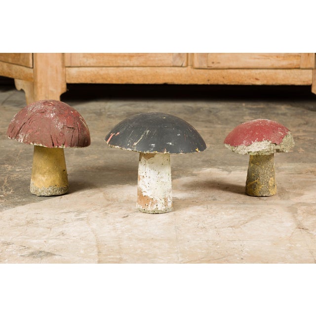 Mid 20th Century Set of Three American Midcentury Painted Concrete Mushroom Garden Ornaments For Sale - Image 9 of 12