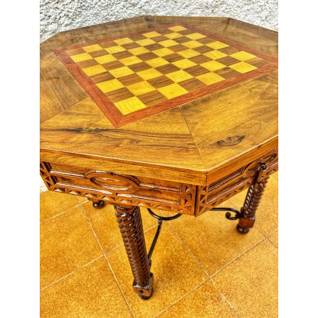 Antique Octogonal Burnt Oak Inlaid Games Table with Two Drawers and Turned Legs, 1920s For Sale - Image 18 of 18