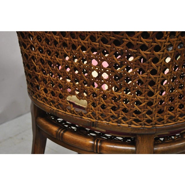 Brown Vintage Hollywood Regency Faux Bamboo Cane Barrel Back Lounge Chairs (A) - Pair For Sale - Image 8 of 12