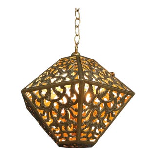 Pierced Filigree Brass Japanese Asian Ceiling Pendant Light For Sale