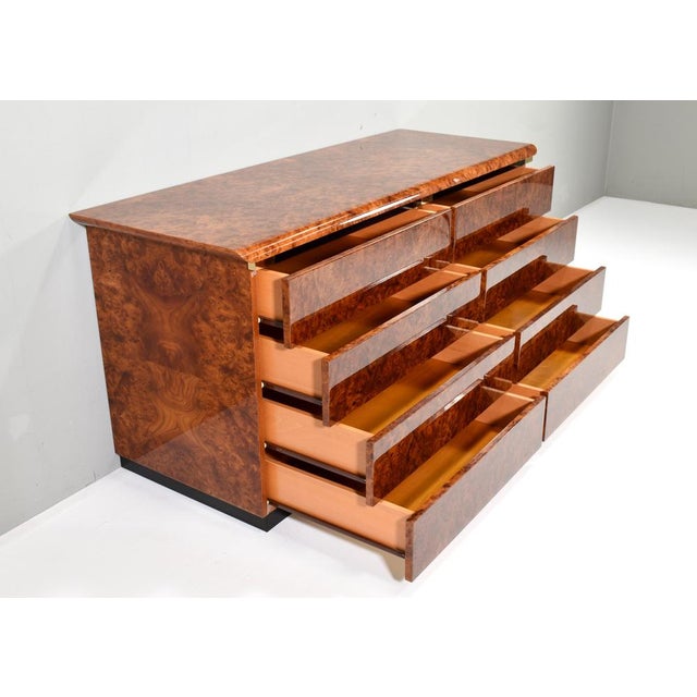 Italian Drawer Credenza in High Gloss Burl and Brass, Italy, 1970s For Sale - Image 6 of 15