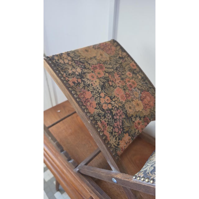 Mid 20th Century Vintage French Floral Folding Footstool, Upholstered Rocking Footrest, 3 Position Wooden Stool, Tapestry Fabric Living Room Decor For Sale - Image 5 of 14