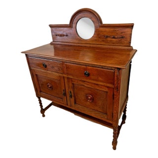 Antique Barley Twist Oak Server Cabinet Sideboard Buffet Console, Beveled Mirror For Sale