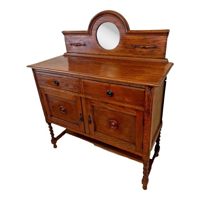 Antique Barley Twist Oak Server Cabinet Sideboard Buffet Console, Beveled Mirror For Sale