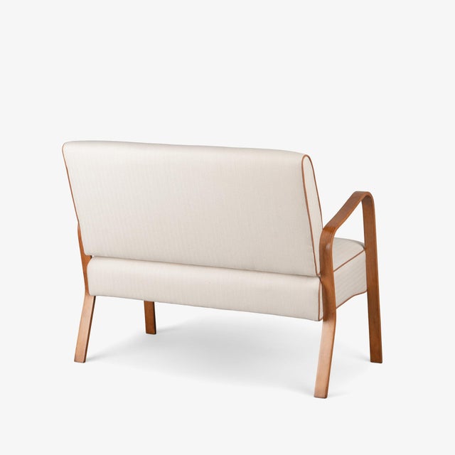 1950s Petite Bentwood Settee in Holland & Sherry Wool & Linen Piping For Sale - Image 5 of 10