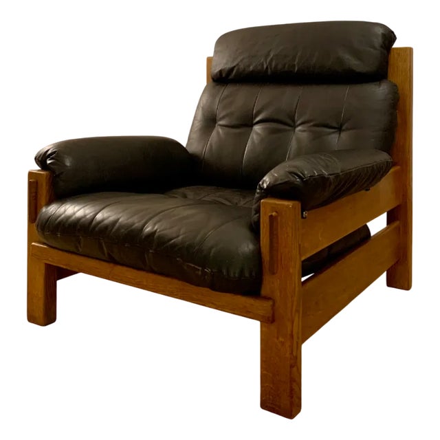 Brutalist Leather Armchair in the style of Pierre Chapo, 1970s For Sale