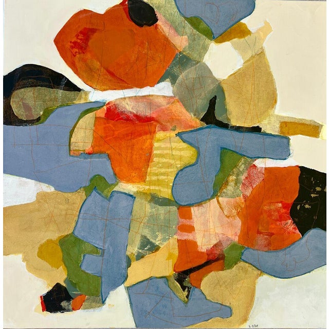 A cluster of vermilion, orange, slate blue and olive shapes dances at the center of a cream ground, with black accents and...