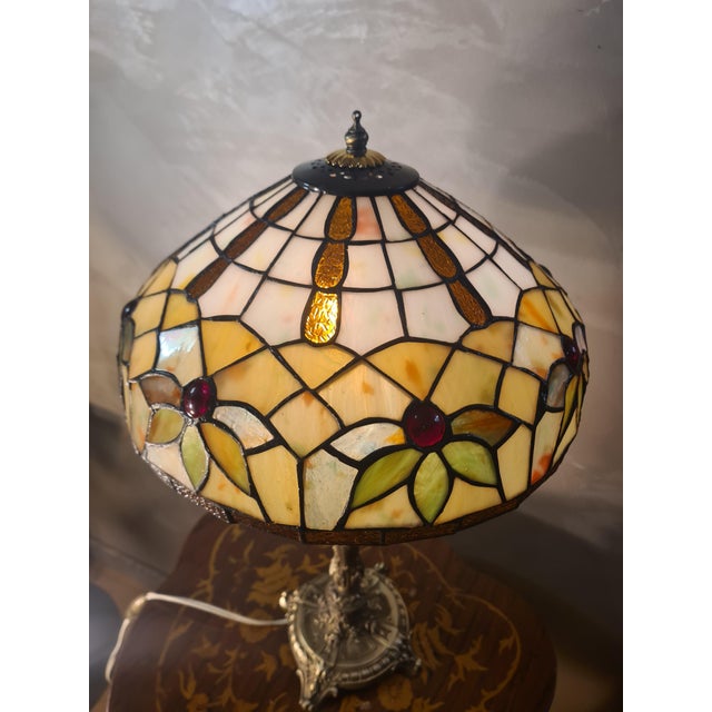 Gold Antique Rocaille Bronze Lamp with Leaded Glass Lampshade in the style of Tiffany, 1880 For Sale - Image 8 of 12