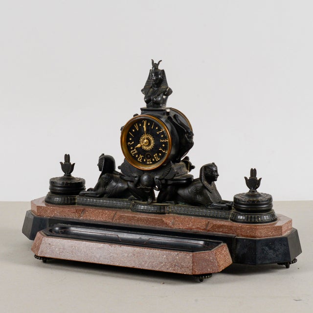 Neo-Egyptian Bronze Mantel Clock in Polychrome Marble For Sale - Image 14 of 18