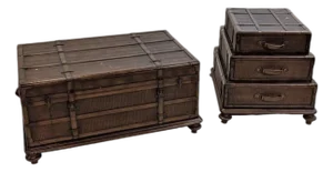 1960s Exquisite "Old World" Charm and Rustic Elegance Set of Trunk-Style Coffee & Side Tables.