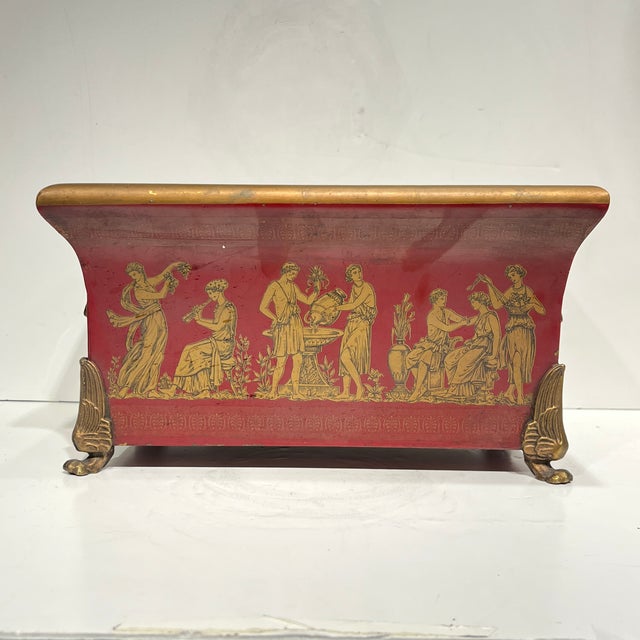 Pair Vintage Greek / Roman Neoclassical Red Painted Tole and Bronze Jardinieres For Sale - Image 10 of 12